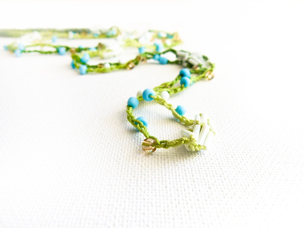 Summer breath. Crochet cord, versatile, aqua blue green white fresh rustic  jewelry