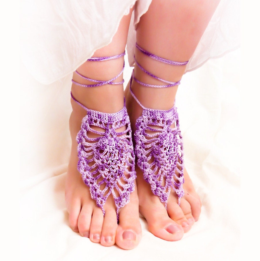Barefoot sandals, Purple wedding nude shoes barefoot sandle, Sexy crochet lace, pastel, boho, yoga, anklet , bellydance, foot thongs