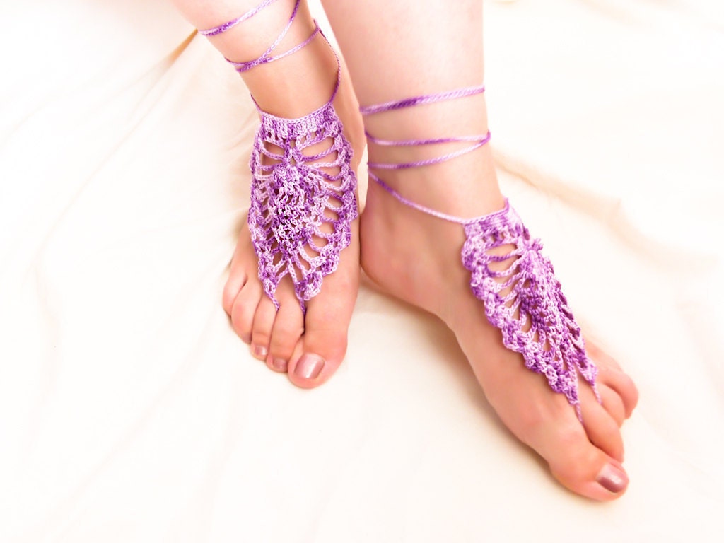 Barefoot sandals, Purple wedding nude shoes barefoot sandle, Sexy crochet lace, pastel, boho, yoga, anklet , bellydance, foot thongs