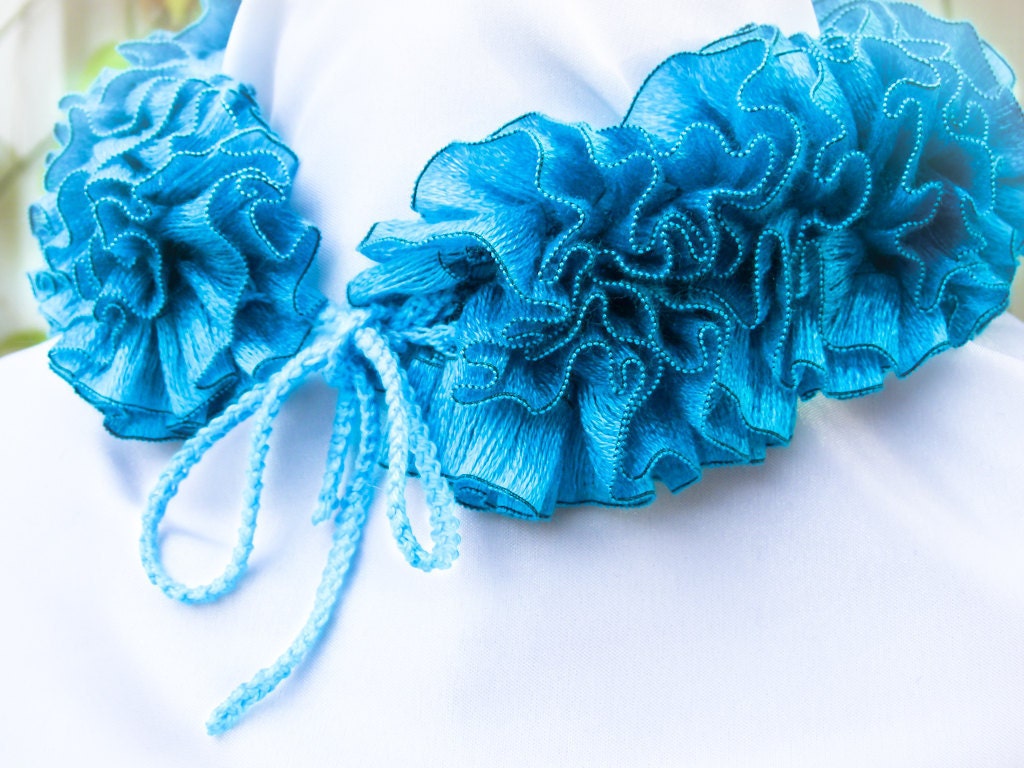 Turquoise Collar Necklace.  Boho chic ruffled accessories Romantic knitted choker, knitwear, neck wear, corset.