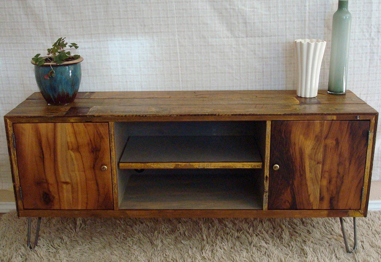 Rustic, Reclaimed, Mid-Century inspired entertainment center TV stand- made to order