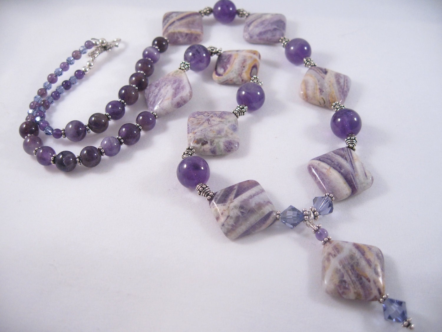 Crazy Lace Agate, Sterling Silver and  Amethyst Necklace with Drop Pendant