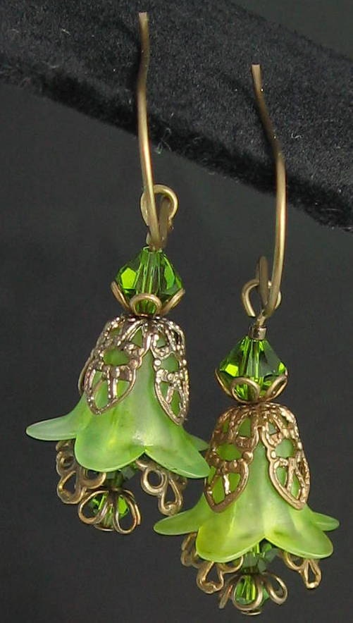 Hand Dyed and Vintage Inspired Lucite Bell Flower Earrings with Swarovski Crystal