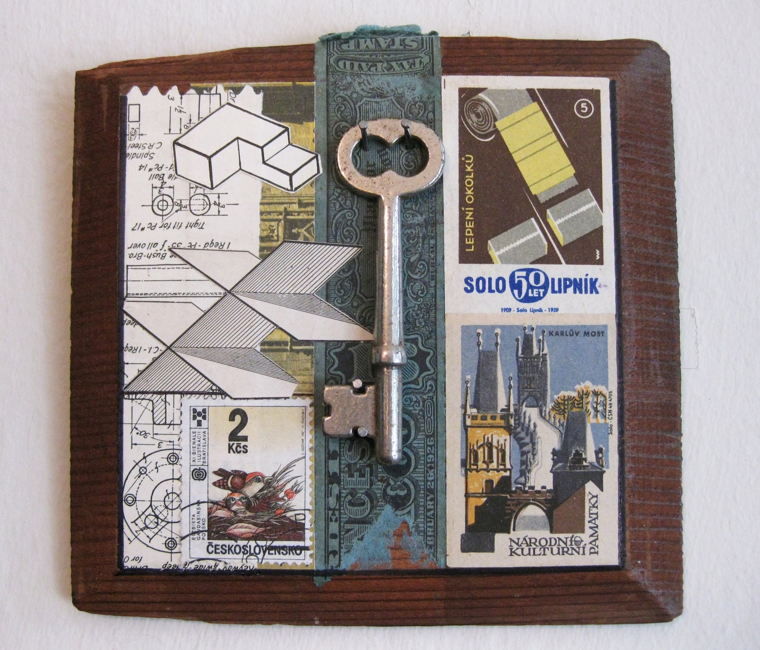 Emergency Key, Original Collage, Vintage Wood Cigar Box Lid Circa 1926