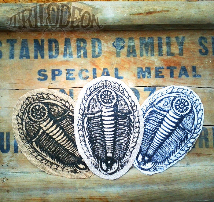 Trilobite Stickers or Sew On Patches Set - 1 pair Silkscreened Trilobites Fabric Prints - Cool Fossil Evolution Alchemy Eco Friendly Gift