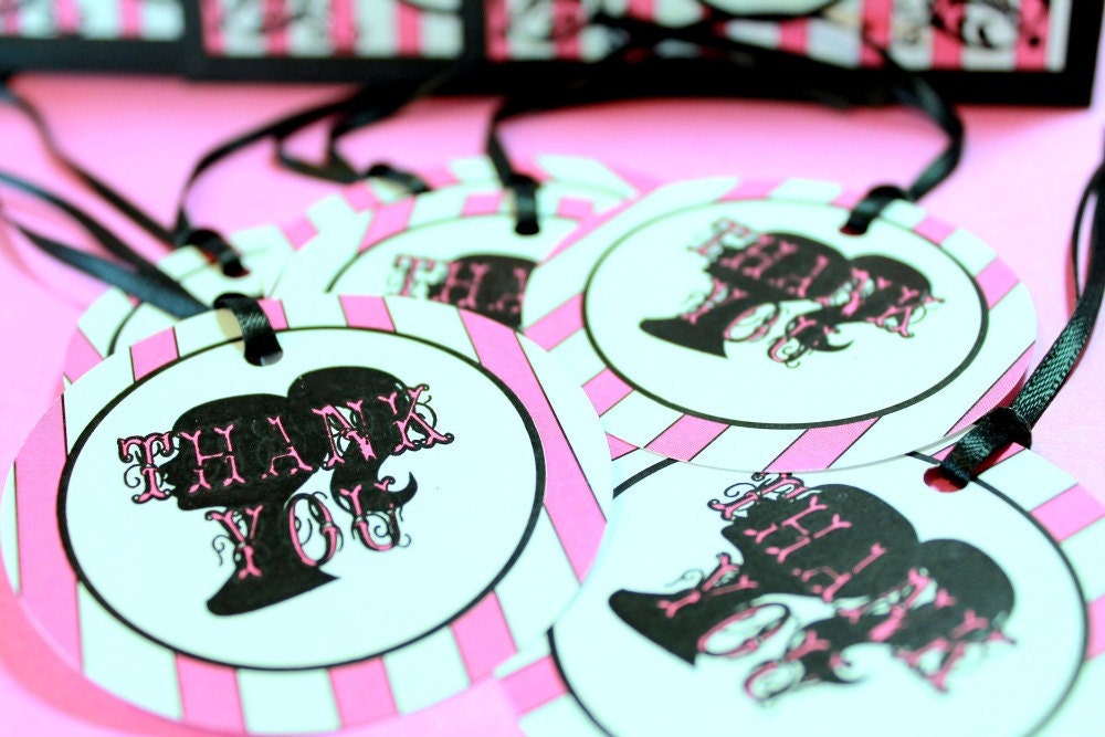 Jessica Collection - Girly Silouhette Pink Black White Striped Favor Label Tags for Wedding, Birthday, Bachelorette, Sweet 16, Bridal Shower Il_170x135