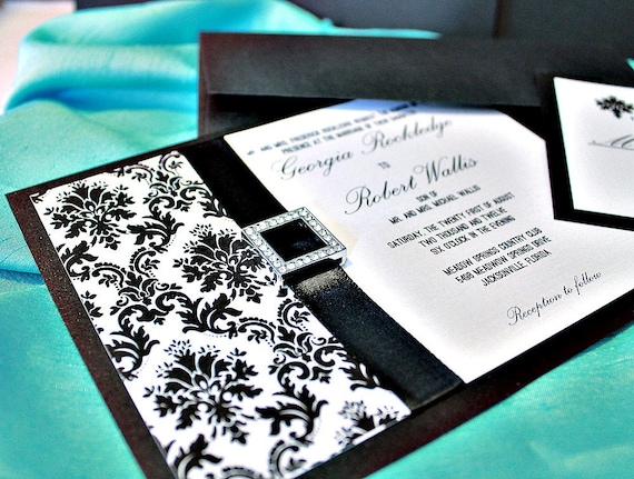 Megan Collection Customizable Black White Damask Invitations Set with Ribbon and Buckle for Classic Tiffany Wedding Theme DEPOSIT LISTING