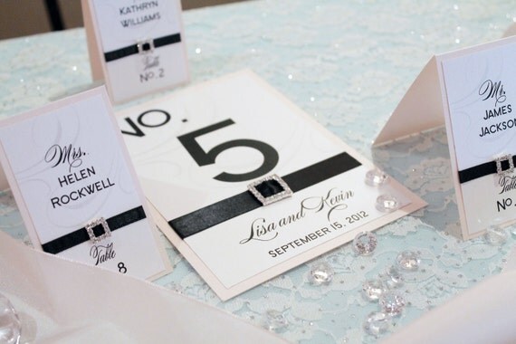 Modern Chic Wedding Table Numbers for reception dinner party with satin ribbon and Rhinestone Buckle Il_570xn