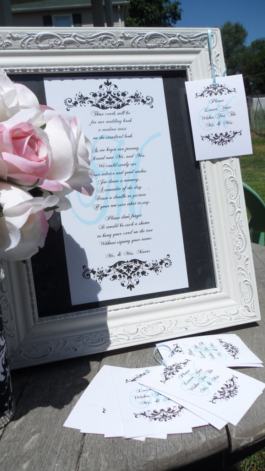 Black White Tiffany Blue Damask Sign for Guest Book Wish Tree Advice Tags