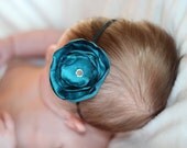 Teal Green Singed Satin Flower with Rhinestone Center