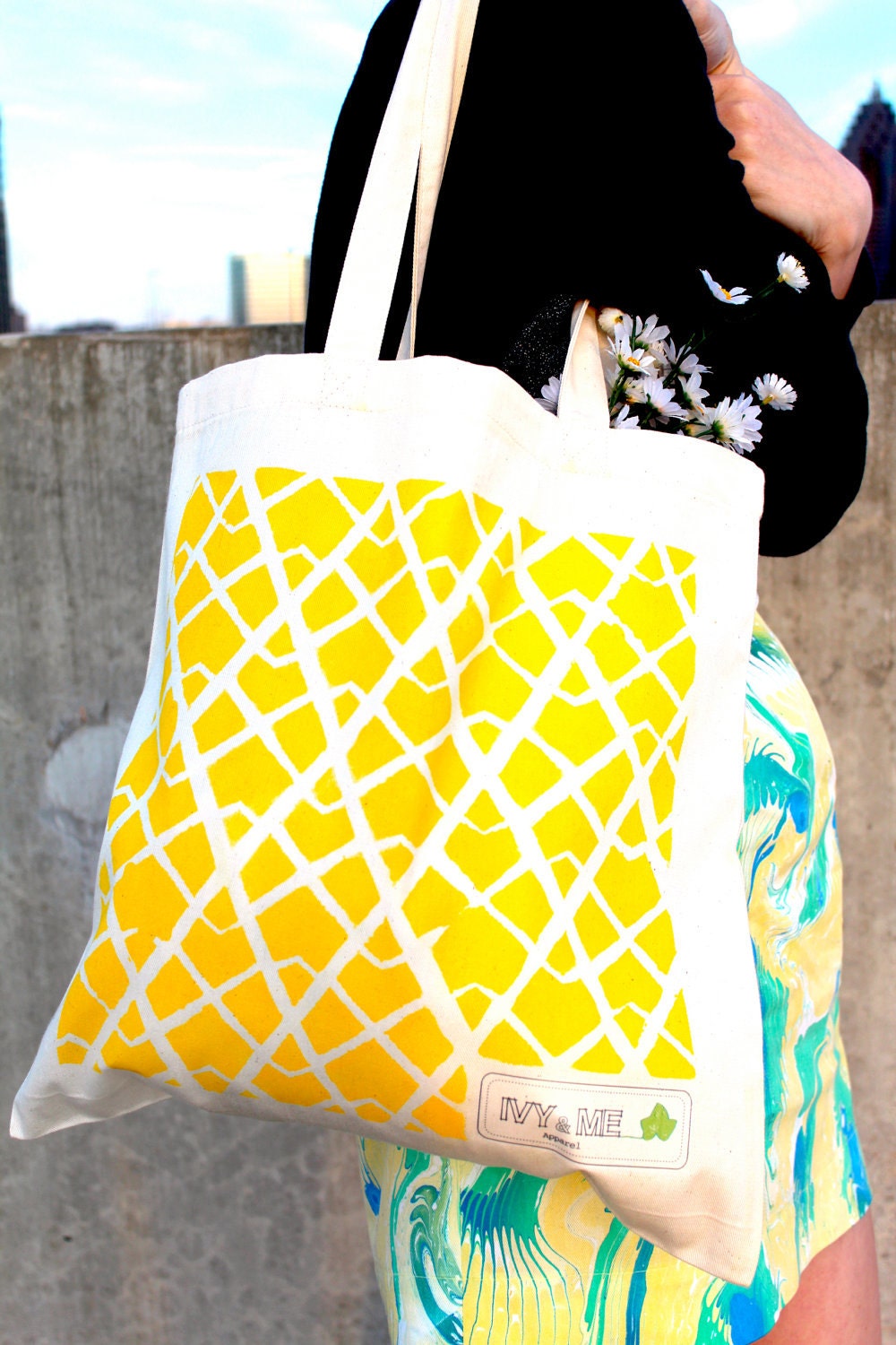 Hand-painted Canvas Tote Bag with yellow pattern