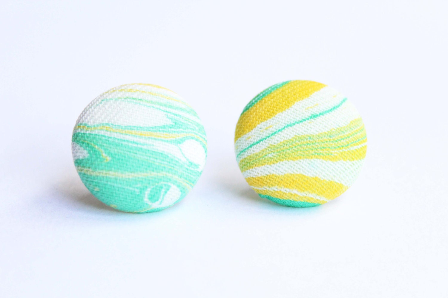 Handmade Button Earrings Green Yellow Blue Marbled