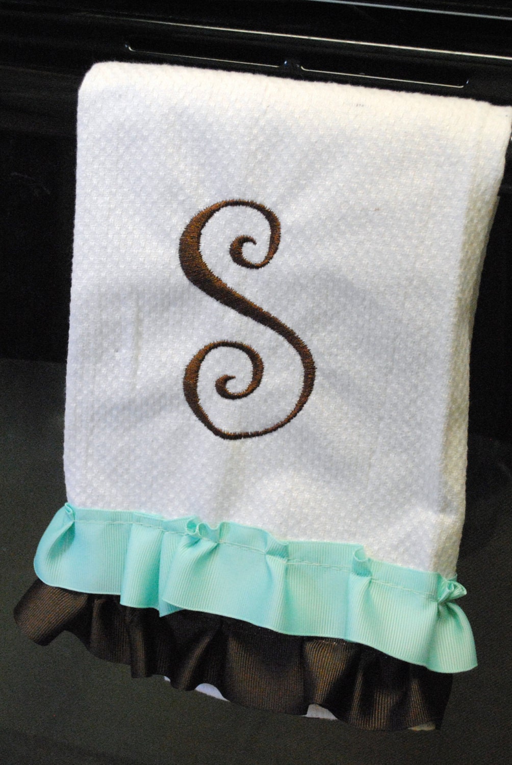 ruffle ribbon personalized initial display hand towel kitchen bathroom