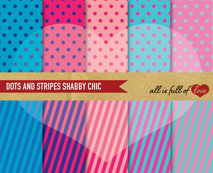 SHABBY CHIC Digital Paper Pack Pink and Teal POLKA Printable Backgrounds Instant Download