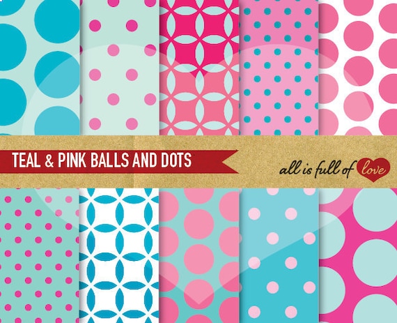Digital Scrapbooking Paper Pack TEAL and PINK Balls and Polka Dots Backgrounds Printable INSTANT Download