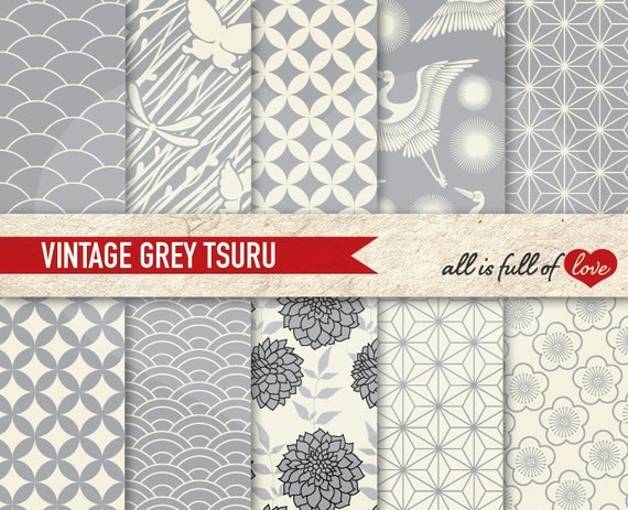 JAPANESE Digital Paper Pack Tsuru VINTAGE GREY Printable Scrapbooking Backgrounds with Instant Download