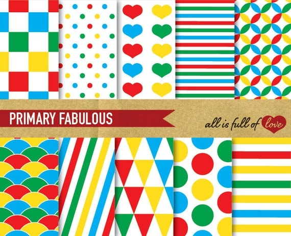 Instant DOWNLOAD Scrapbooking DIGITAL Paper Pack PRIMARY Fabulous Red Green Blue and Yellow Colors Printable Backgrounds