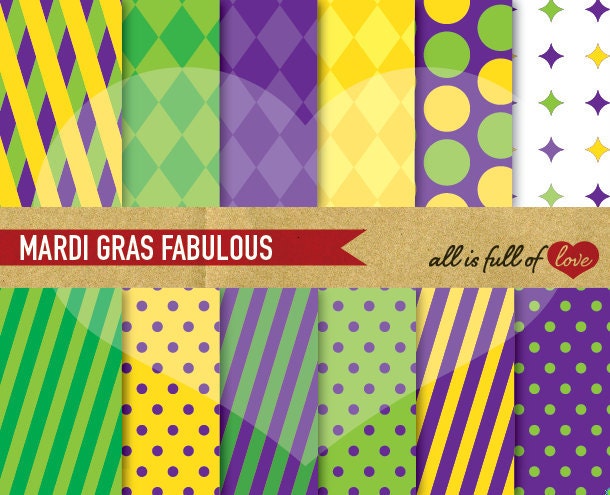MARDI GRAS Scrapbooking Digital Paper Pack Purple Green and Yellow Backgrounds Printable with Instant Download