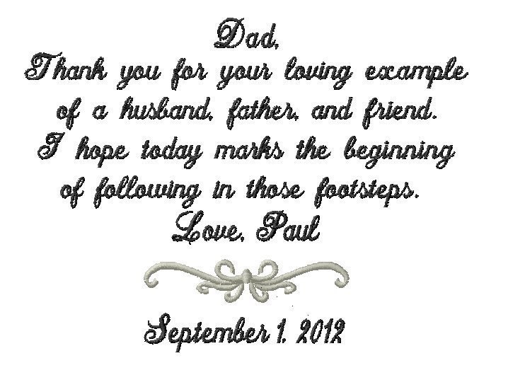 Father of The Groom Handkerchief -Hankie - Hanky -MOTIF -  Thank you for your Loving Example  - Wedding - Groom to give Father