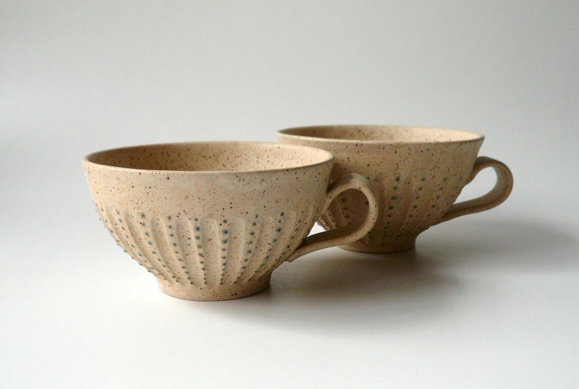 A Pair of Teacups in Dappled Cream-White with Blue Dots - CrowWhitePottery