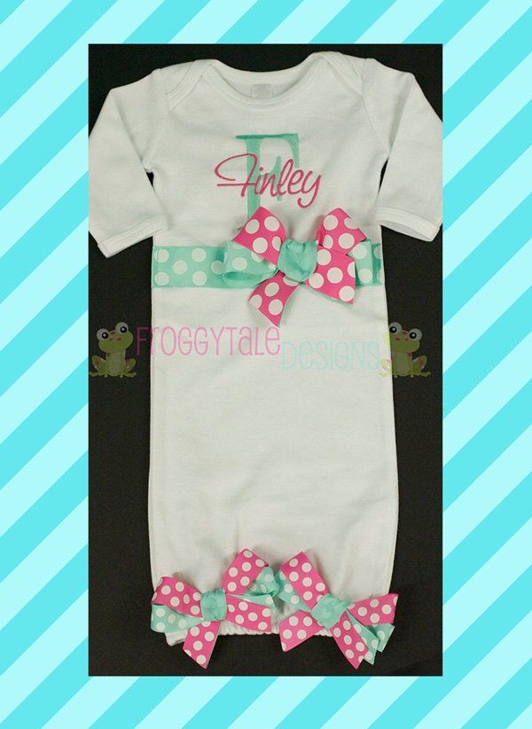 PERSONALIZED Newborn Baby Infant Layette Gown COMING HOME Outfit in Aqua and Hot Pink For Little Baby Girls- Perfect Baby Shower