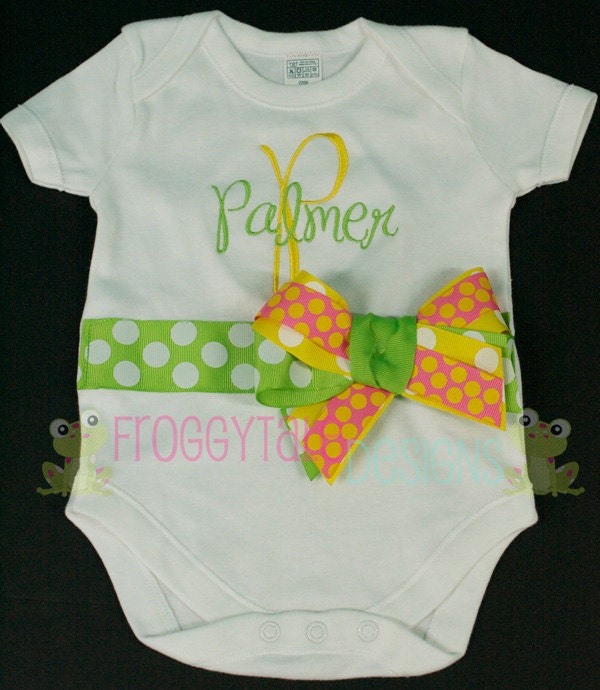 PERSONALIZED Bodysuit Onesie or Toddler Shirt in Hot Pink Lime and Yellow Outfit for Little Baby Girls - Monogrammed Custom