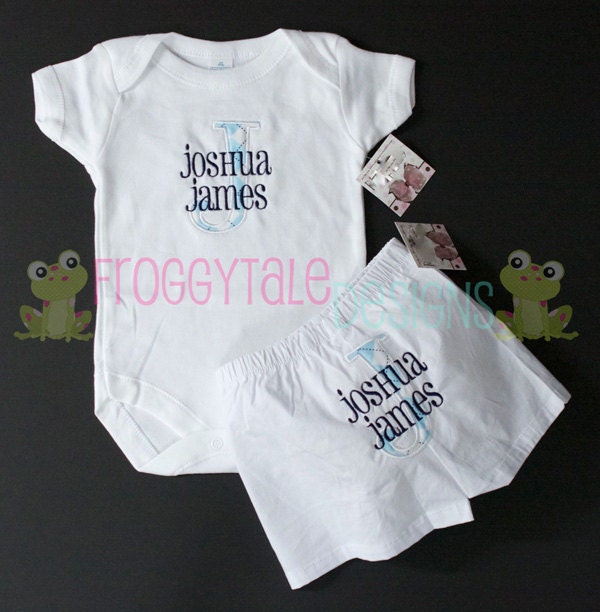 PERSONALIZED Blue Argyle Boys Bodysuit Onesie and Boxer Shorts Outfit for Little Baby Boys- CUSTOM