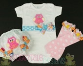 PERSONALIZED Bright Owl Bodysuit Onesie and Diaper Cover Bloomer Leg Warmer Full Set for Little Baby Girls - Monogrammed Custom