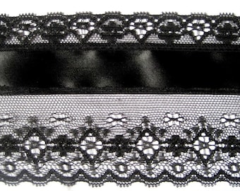 Victorian Wide Lace With Satin Ribbon, Black, 3" inch wide, 1 Yard, For Apparel, Accessories, Home Decor, Victorian & Romantic Crafts