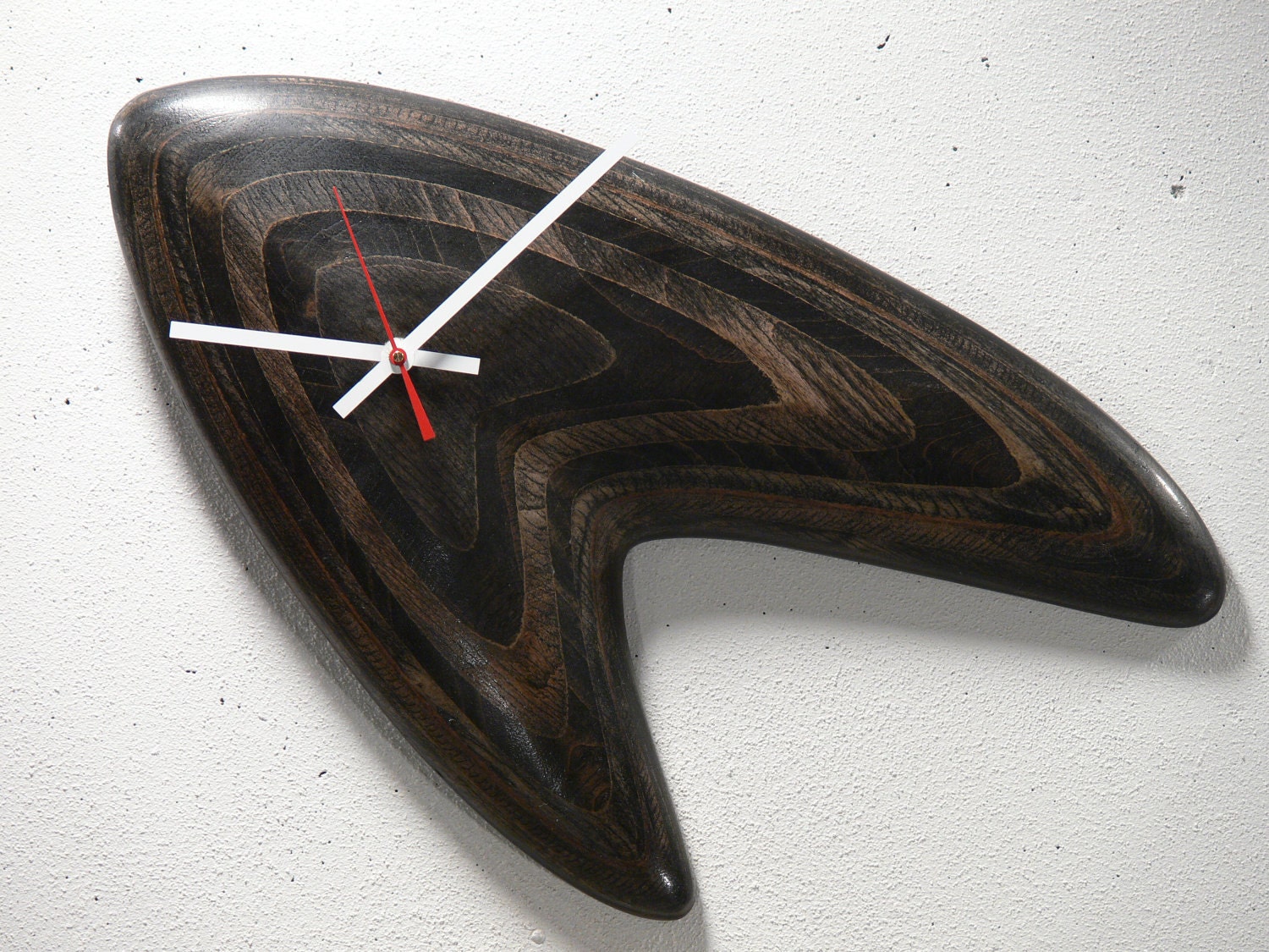 SALE NOW 90.00 BOOMERANG Clock Handcrafted Sculpted & Shaped Wood Clock, Retro Style Modern Wall Art, Contemporary Sculpture, Mid Century