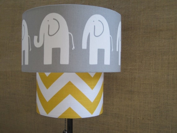 Lamp Shade Elephant Chevron Zig Zag Drum Lampshade 2 Tier in Mustard Yellow and Gray Grey or YOU CHOOSE COLORS