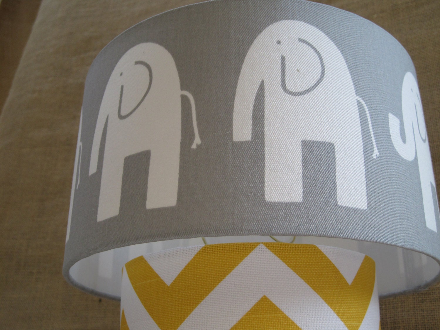 Lamp Shade Elephant Chevron Zig Zag Drum Lampshade 2 Tier in Mustard Yellow and Gray Grey or YOU CHOOSE COLORS