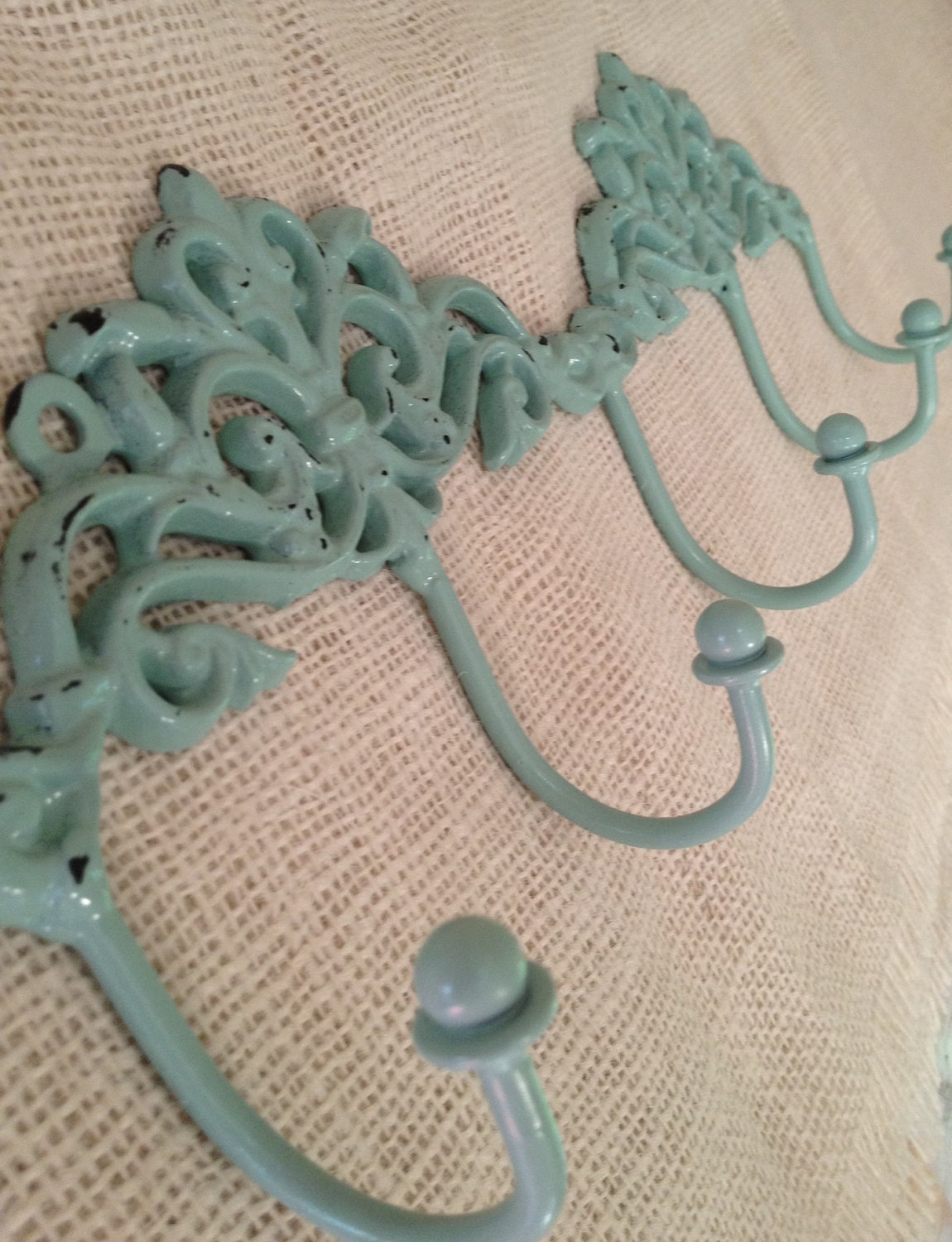 Shabby chic distressed swirly Iron 5 hook key or coat hook hanger metalrobin's egg blue