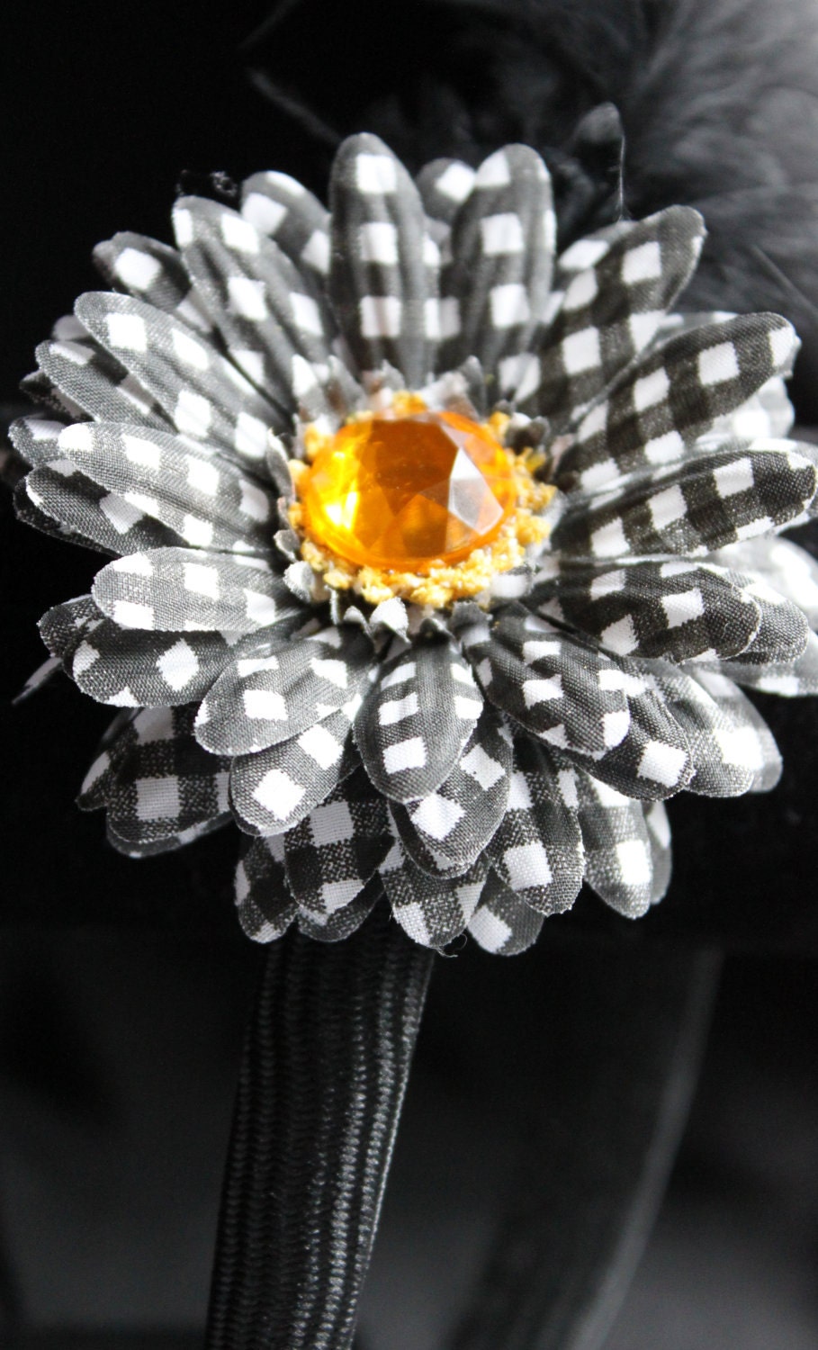 Flower Headband - Black and White Checkered Flower on Black Headband - Hair Accessory