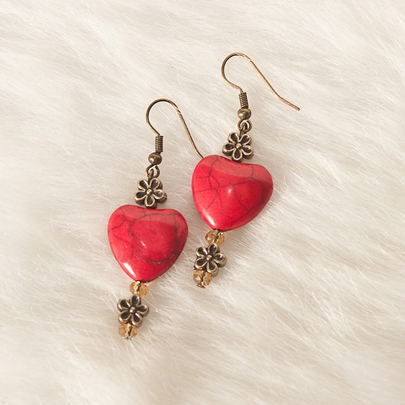Red Howlite Heart Stones & Antique Bronze Dangle Earrings