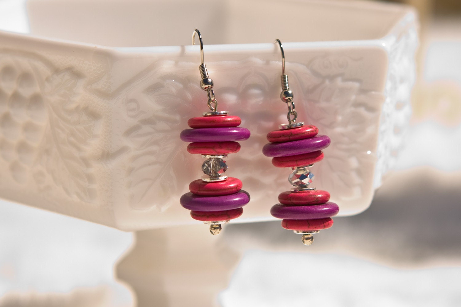 Pink & Purple Disk Shaped Stones and Silver AB Rondelle Crystal Dangle Earrings