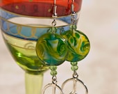 Dangle Earrings with Green & Gold Lampwork Swirl Glass Beads, Crystals and Tibetan Silver Peace Sign Charms