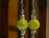 Dangle Earrings with Green Lampwork Swirl Glass Beads, Silver AB Crystals & Tibetan Silver Beads