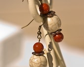 Dangle Earrings with Antique Bronze Findings, Ivory Howlite Beads & Coral