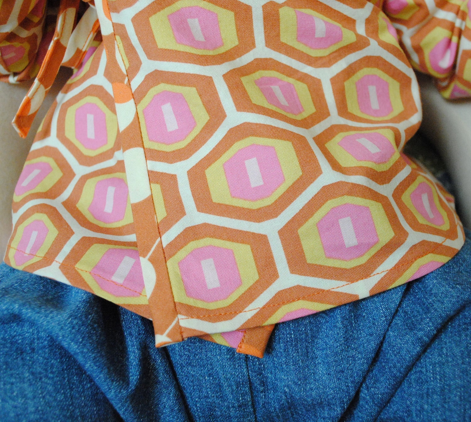 3-6 months, pink and orange print long-sleeve kimono top, 100% cotton