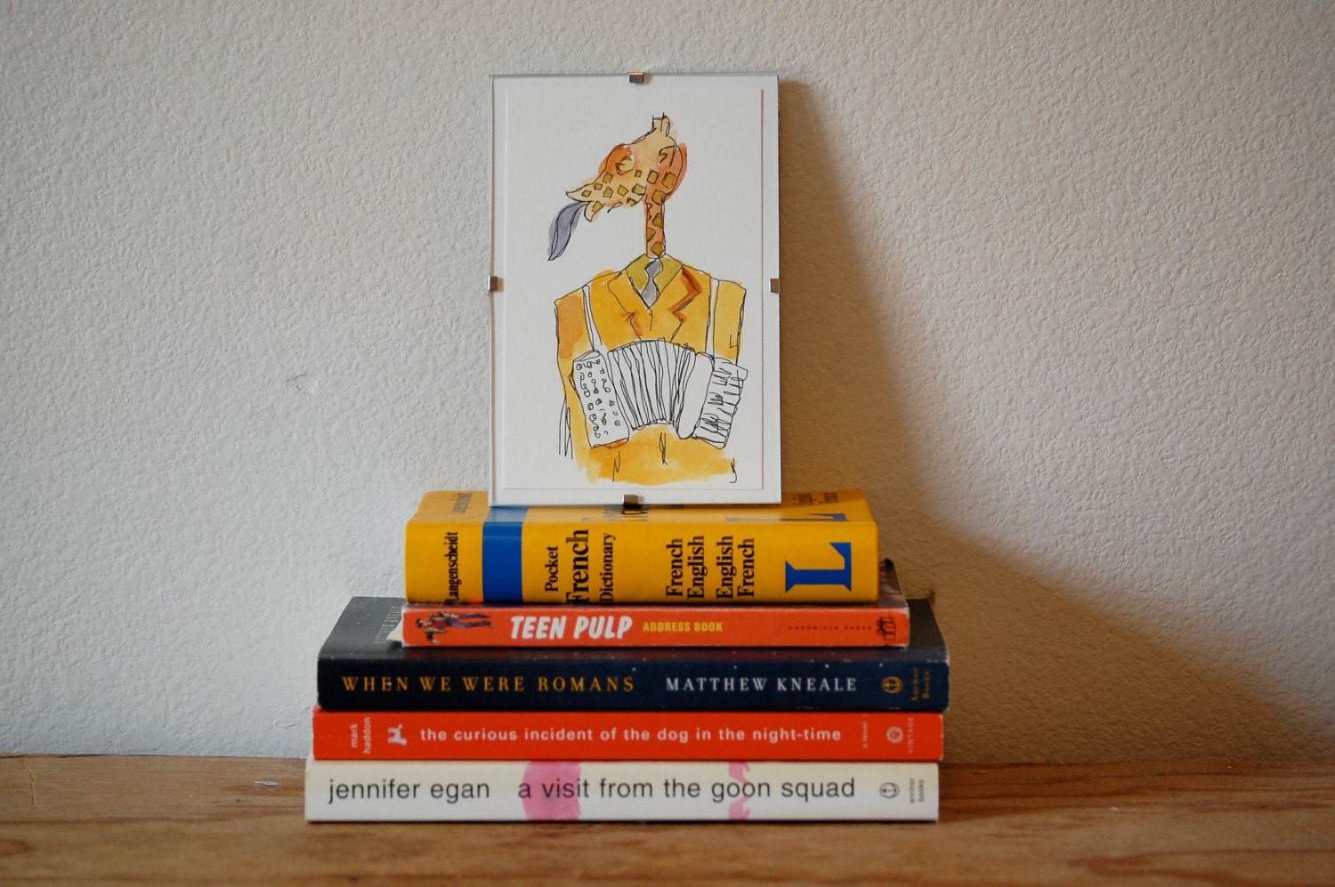 Original, small, one-of-a-kind musical giraffe print, watercolor, frameless frame, ready to hang