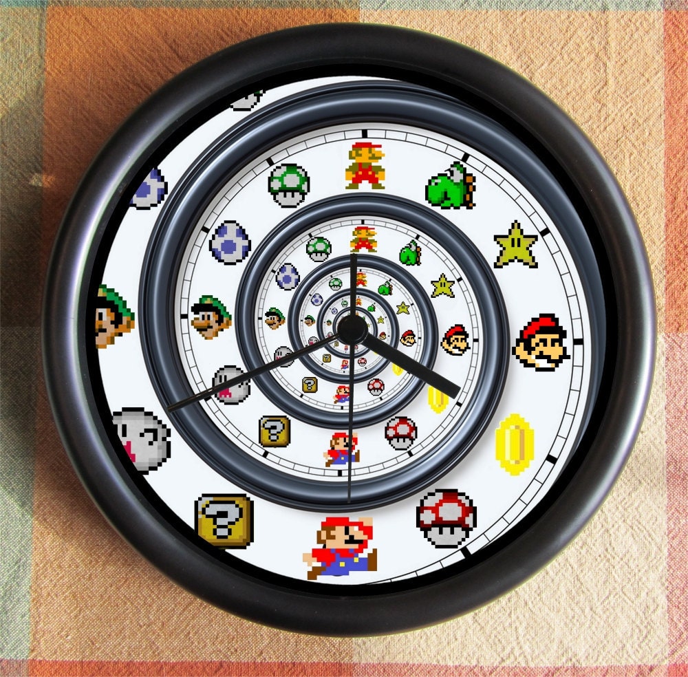 SUPER MARIO BROTHERS Spiral Dali Nautilis Mario Charactors 8 Bit 10 inch Resin Wall Clock Fathers Day Graduation Christmas QuickShip