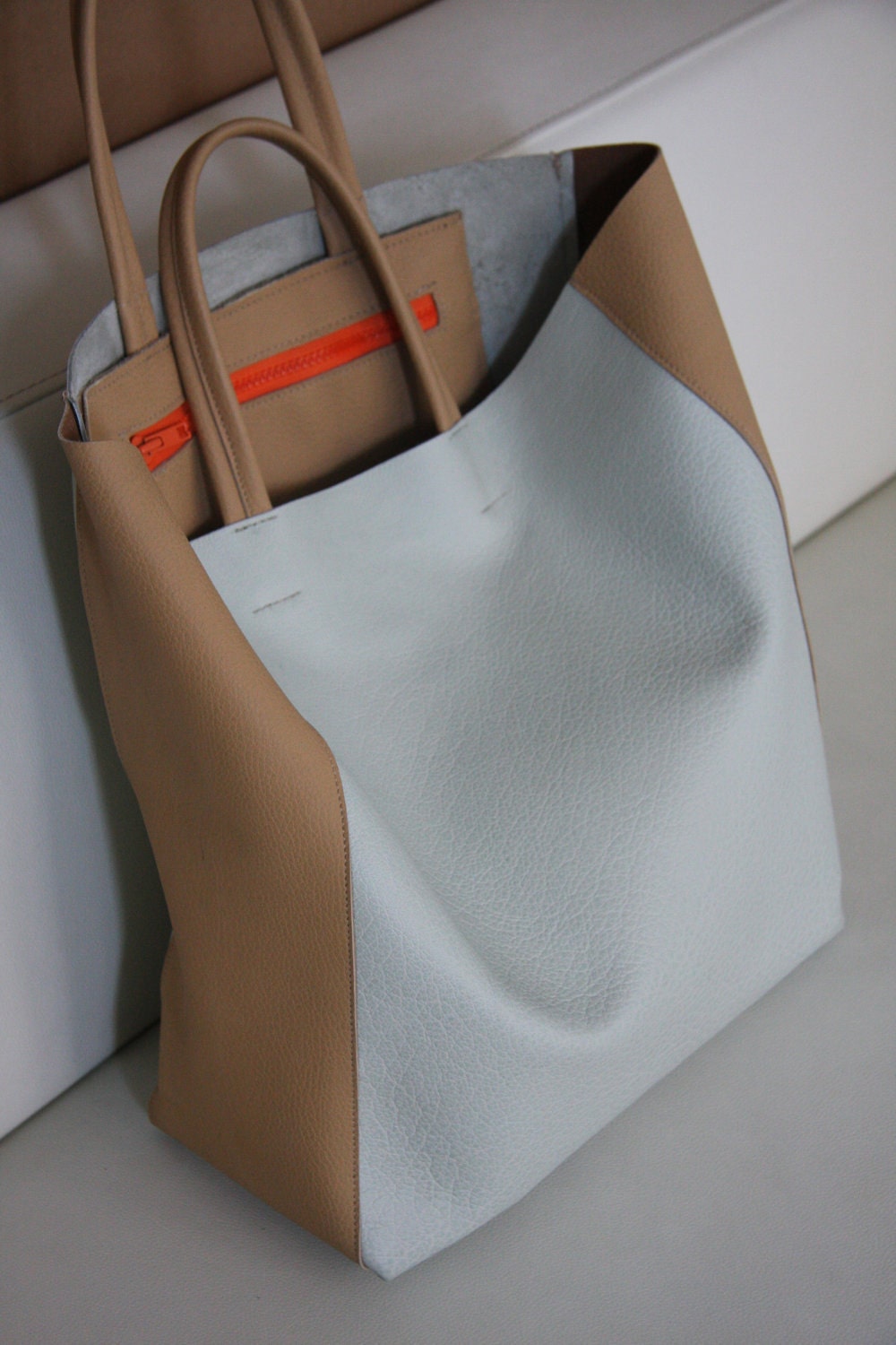 leather tote - light blue and honey brown