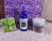 Gift Bag, Vanilla Lilac Creme Candle, Lilac Lime Body Spray, Eucalyptus Speariment Soap