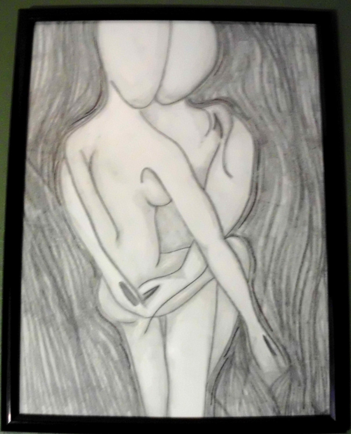 Original Charcoal Drawing, The Lovers, 18 x 24", Black Frame