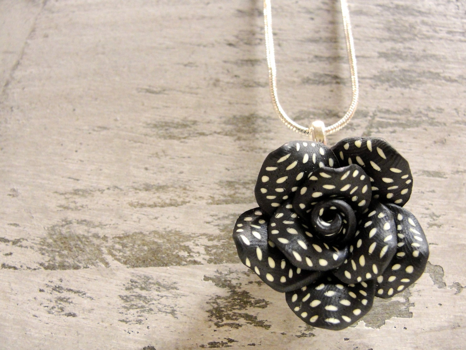 Vintage Inspired Shabby Chic Black and White Polka Dot Polymer Flower Pendant on a Silver Tone Snake Chain (d)
