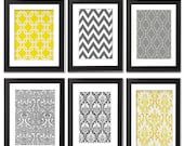 Home Decor Vintage / Modern inspired Art Prints Collection (Series A) -Set of 6 - 8x10 Prints - Featured in Greys/yellow  (UNFRAMED)
