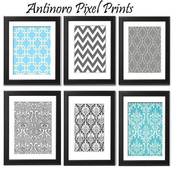 Vintage / Modern inspired Art Prints Collection  -Set of 6 - 8x10 Prints - Featured in Greys/Turq. (UNFRAMED)