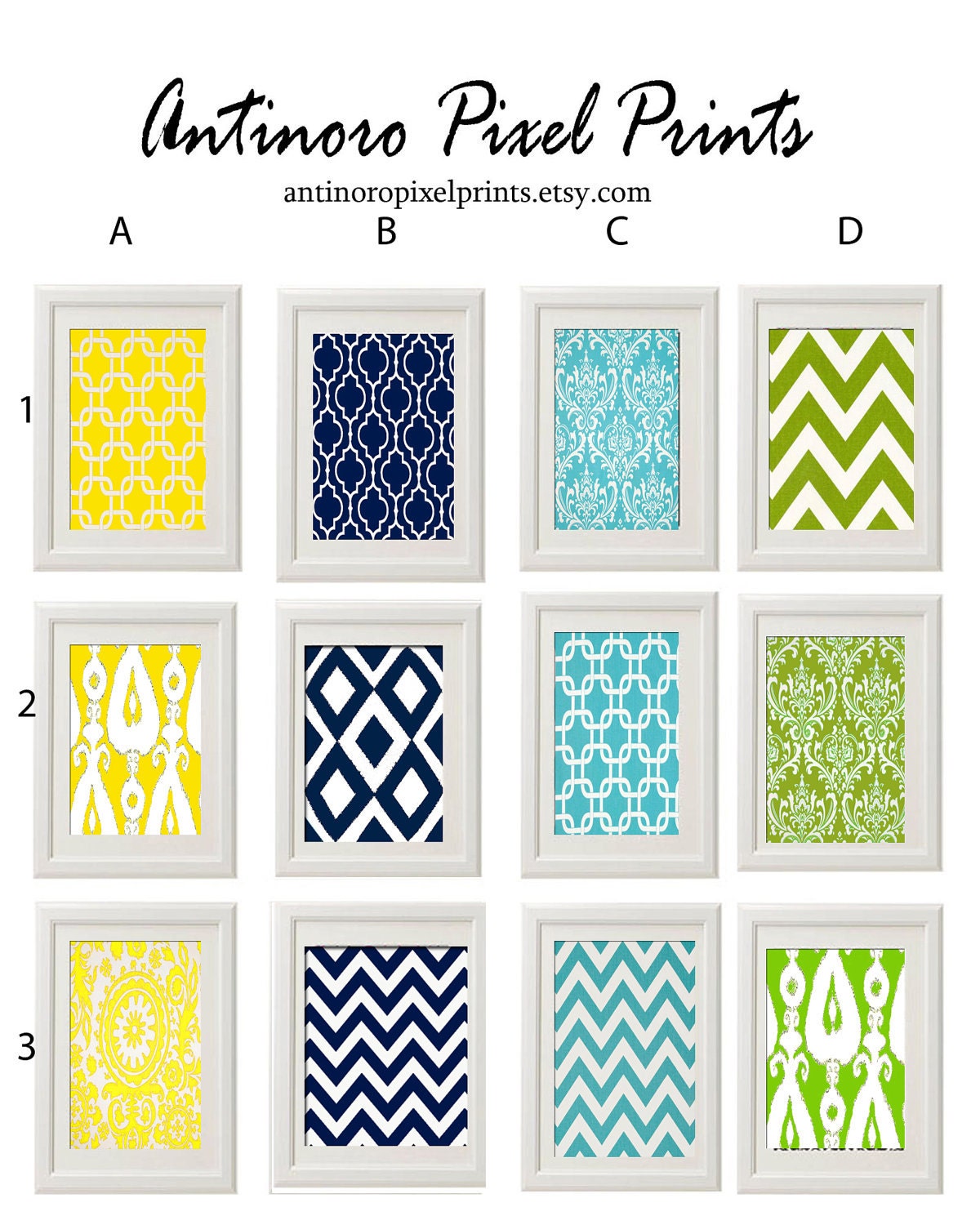 Vintage / Modern inspired Art Prints Collection (Series A) -Set of 6 - 8x10 Prints - Featured in Yellow Navy Turq Green  (UNFRAMED)