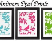 Vintage / Modern inspired Bird Art Prints Collection  -Set of 3 - 8x10 Prints - Turq. Pink Green (UNFRAMED)